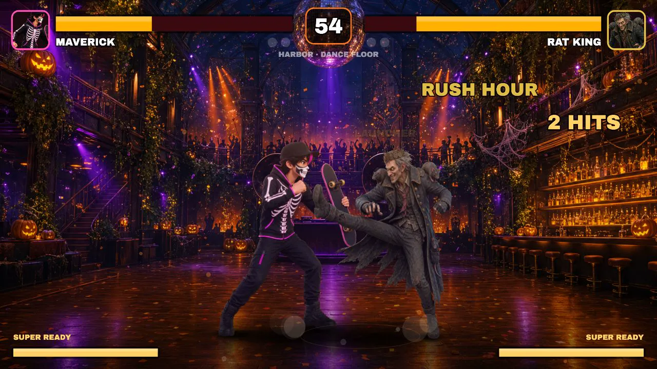 Maverick and the Rat King mid-fight on a Halloween dance floor