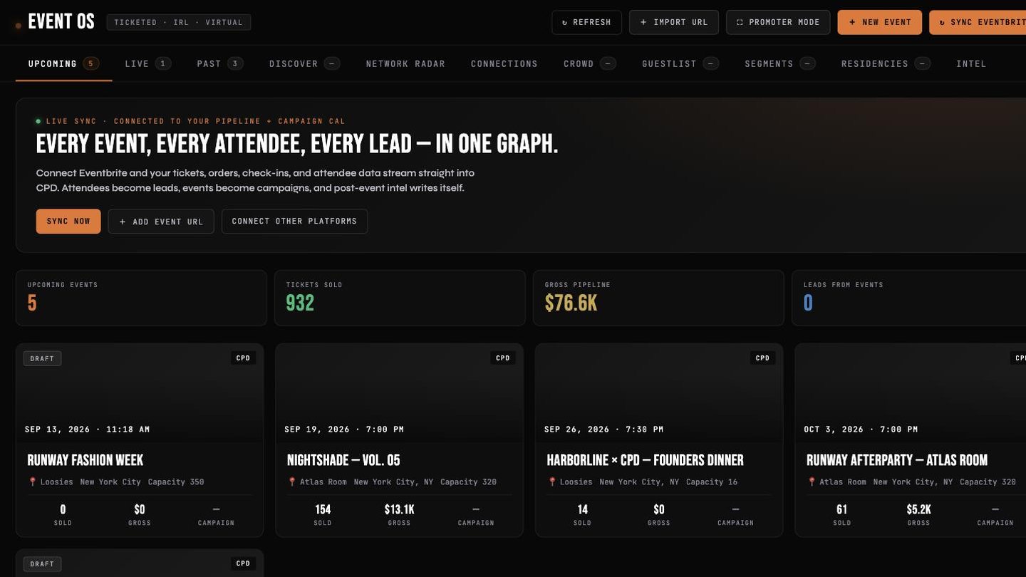 Event OS: upcoming, live and past tabs above tickets sold and gross pipeline, with event cards for each night
