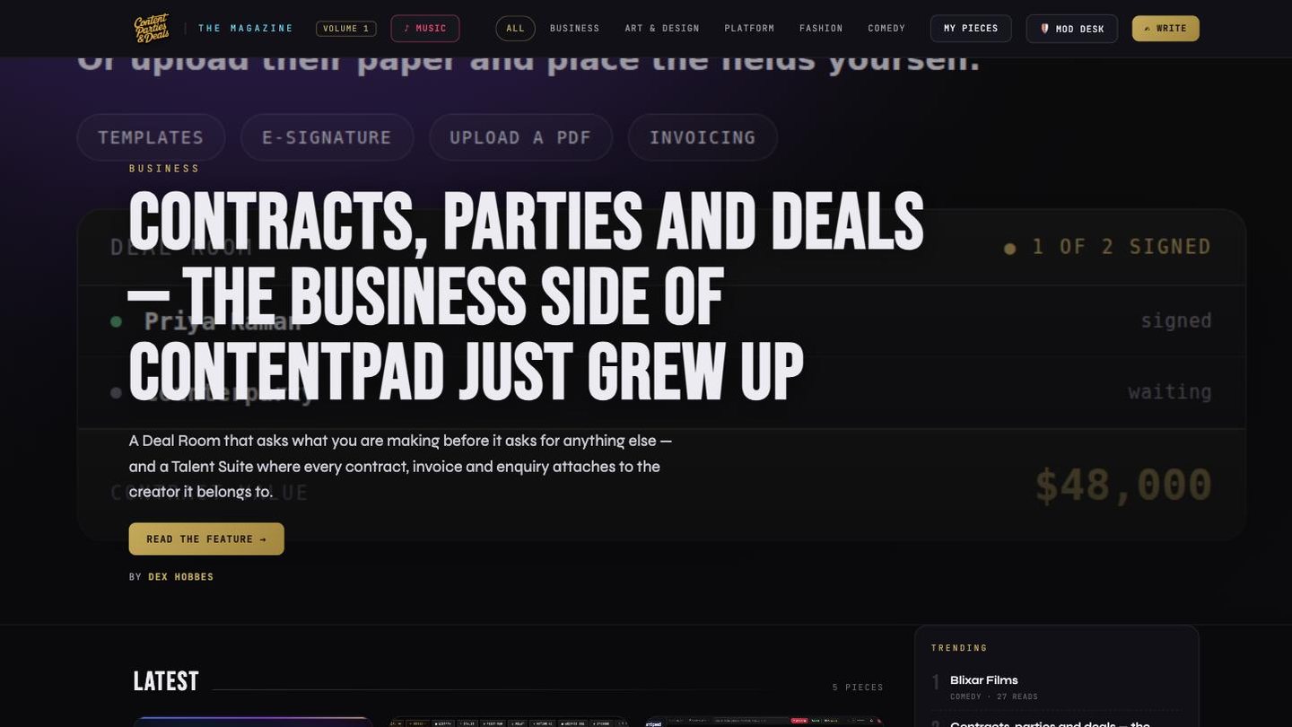 The Content Parties and Deals magazine front page with a featured business article and trending list