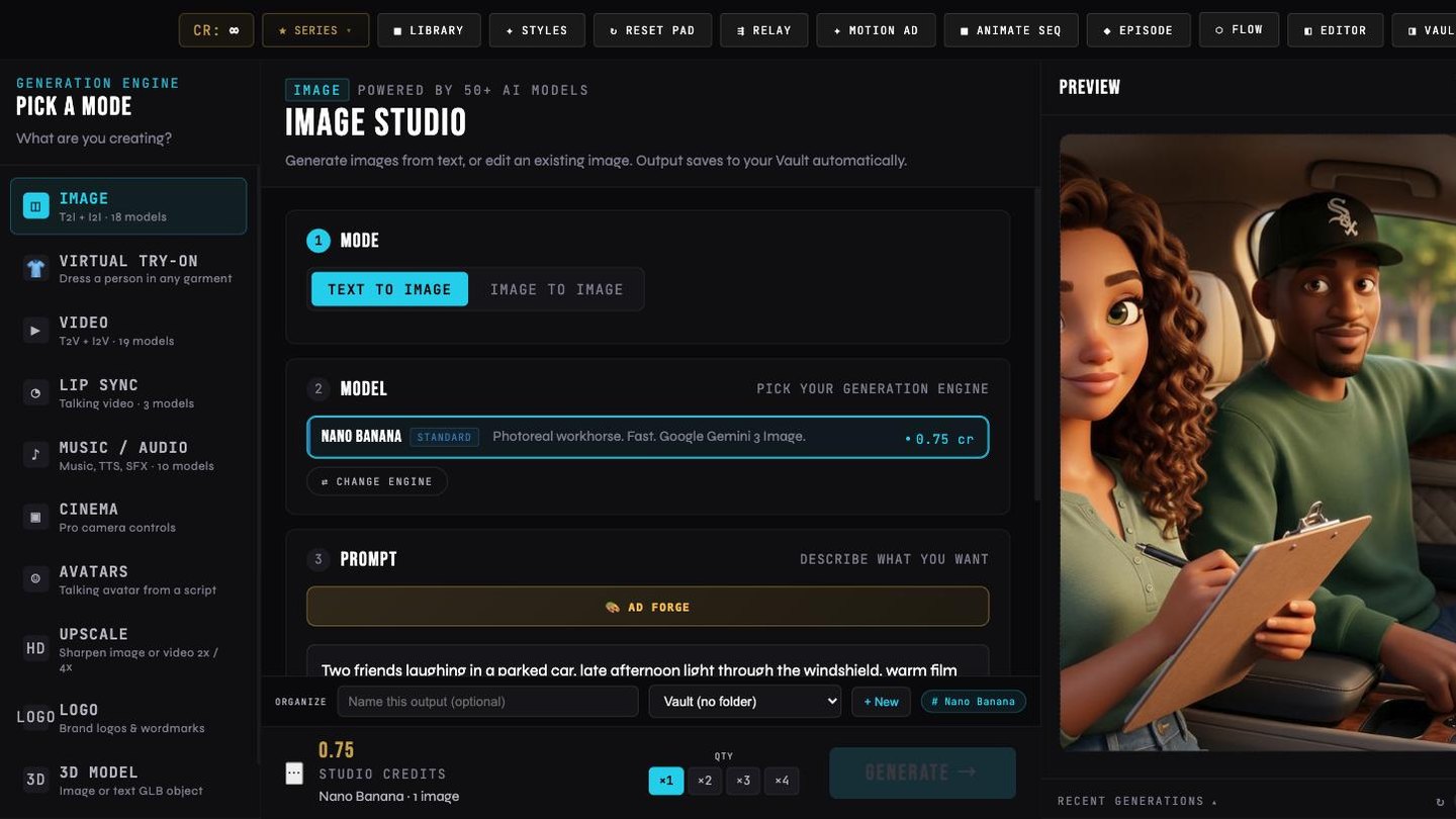 Image Studio: mode, model picker and a written prompt on the left, the generation engine list on the far left, and the finished image in the preview panel