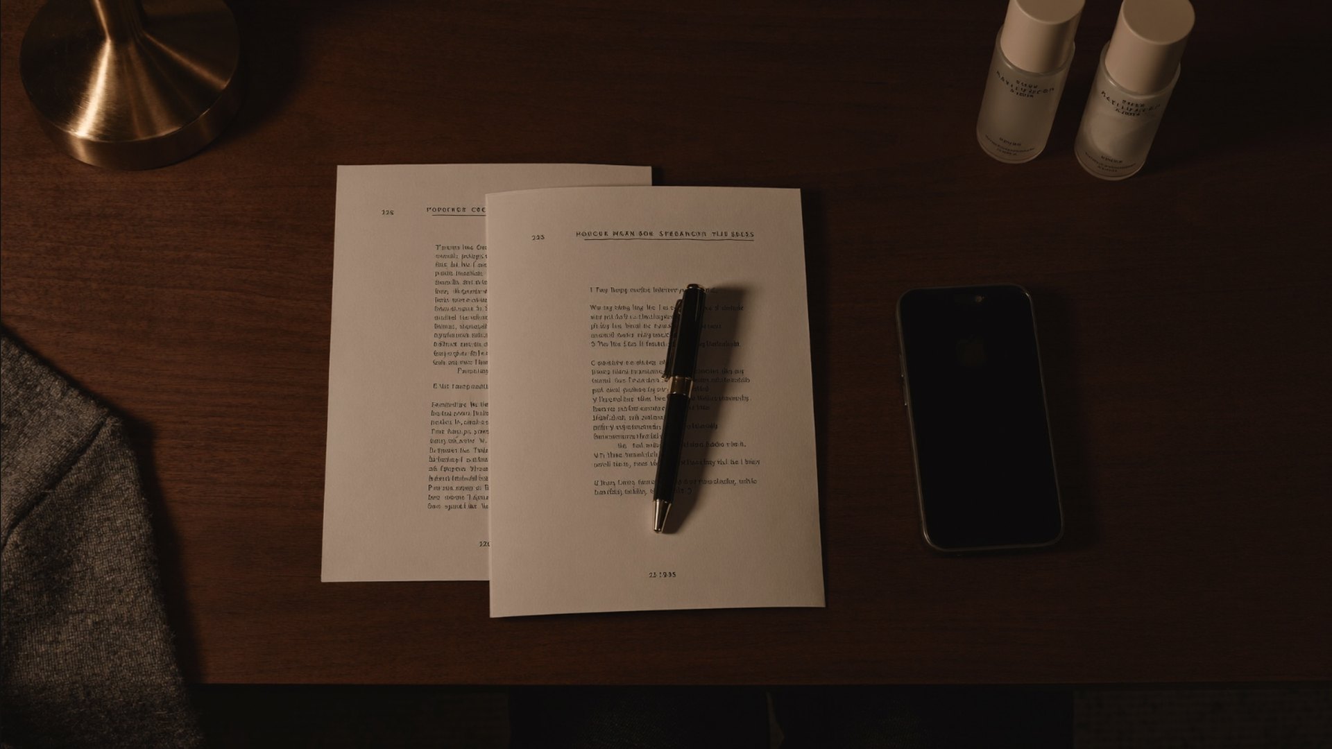 Overhead still life of a contract, a pen, a phone and product samples on a dark table