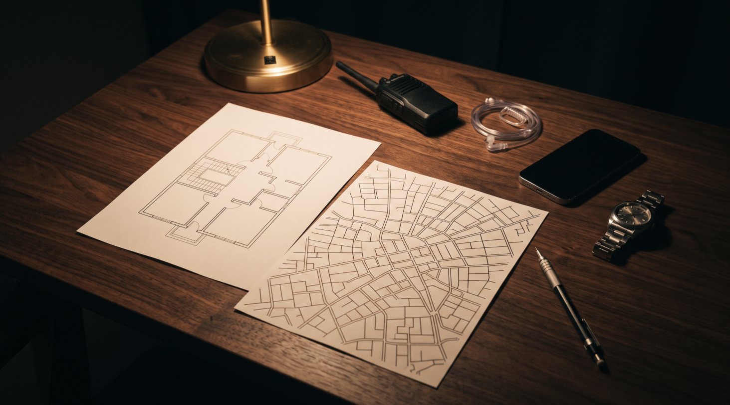 Route maps, floor plans and communications equipment laid out under a task lamp during advance planning