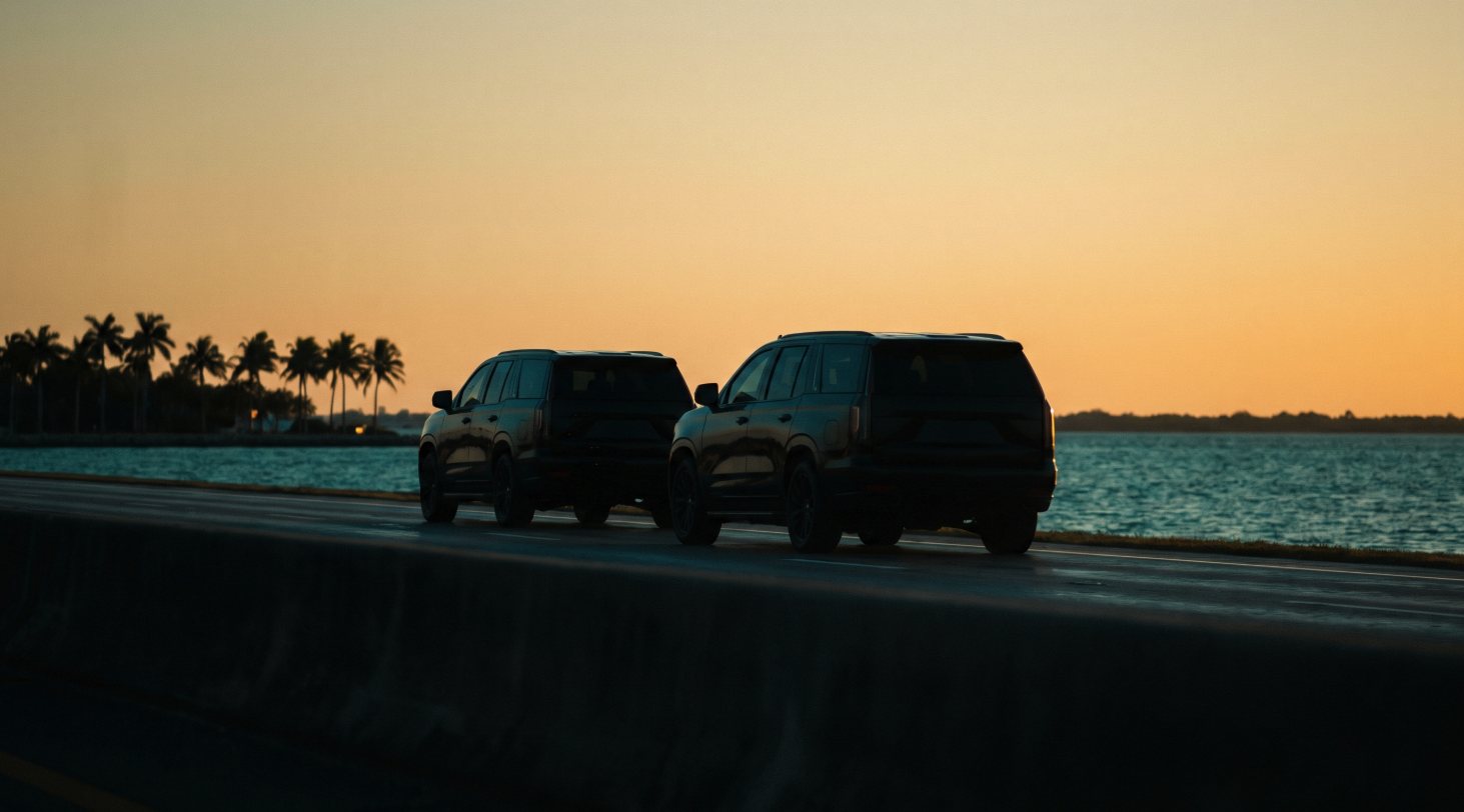 Two dark SUVs travelling in formation on a Florida coastal causeway at dusk