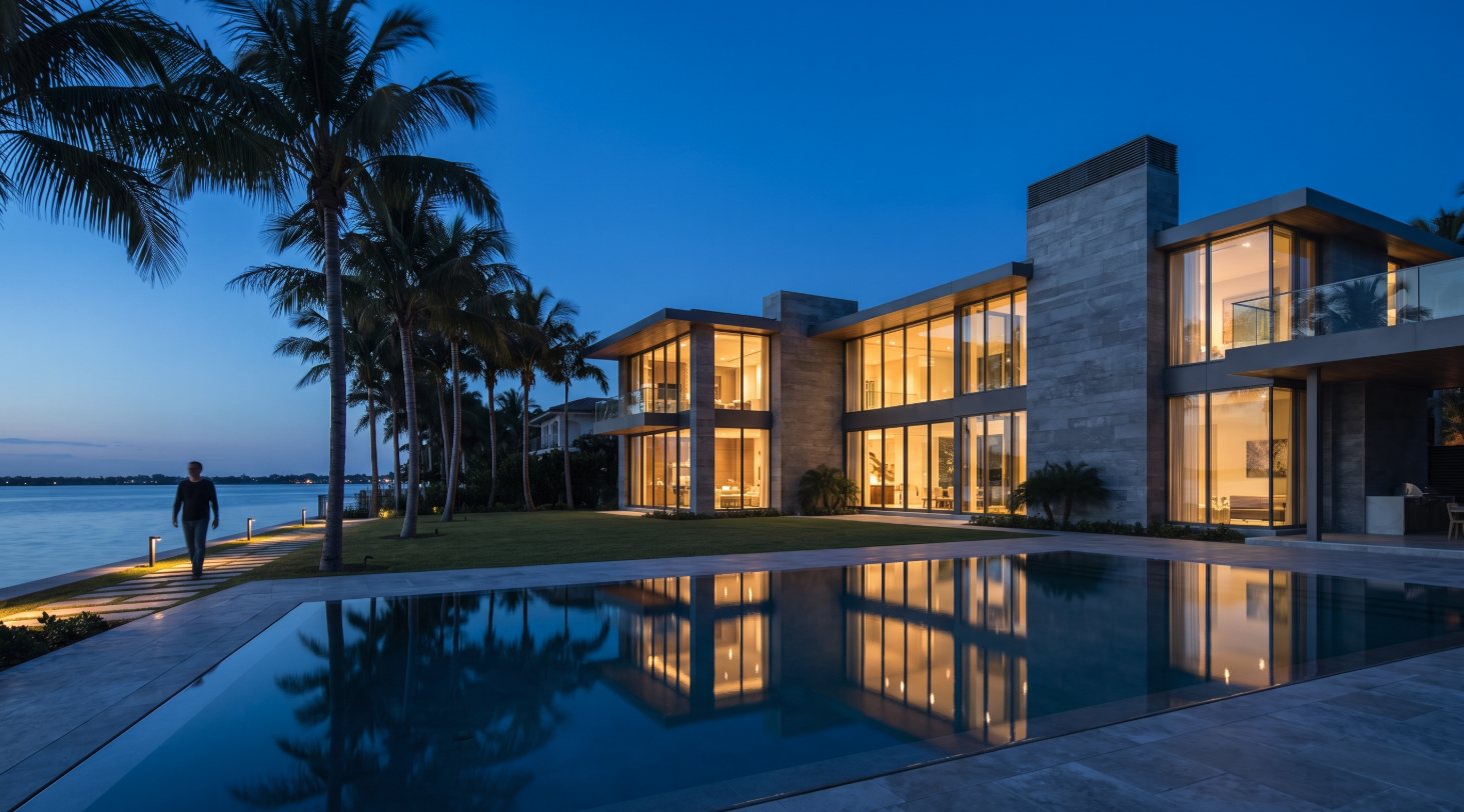 A modern waterfront Florida estate at blue hour with a single figure walking the perimeter